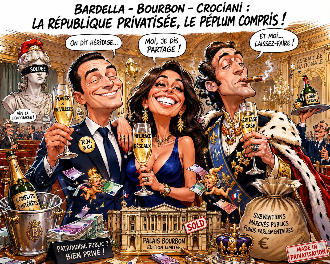 Caricature Magouilles & Compagnie : Bardella – Bourbon – Crociani