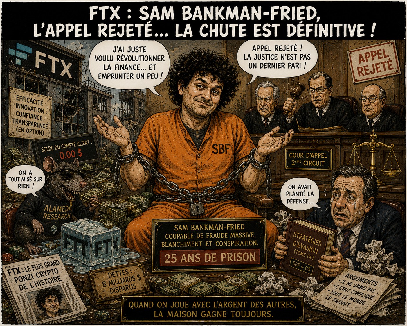 Caricature Magouilles & Compagnie : FTX — appel de SBF rejeté