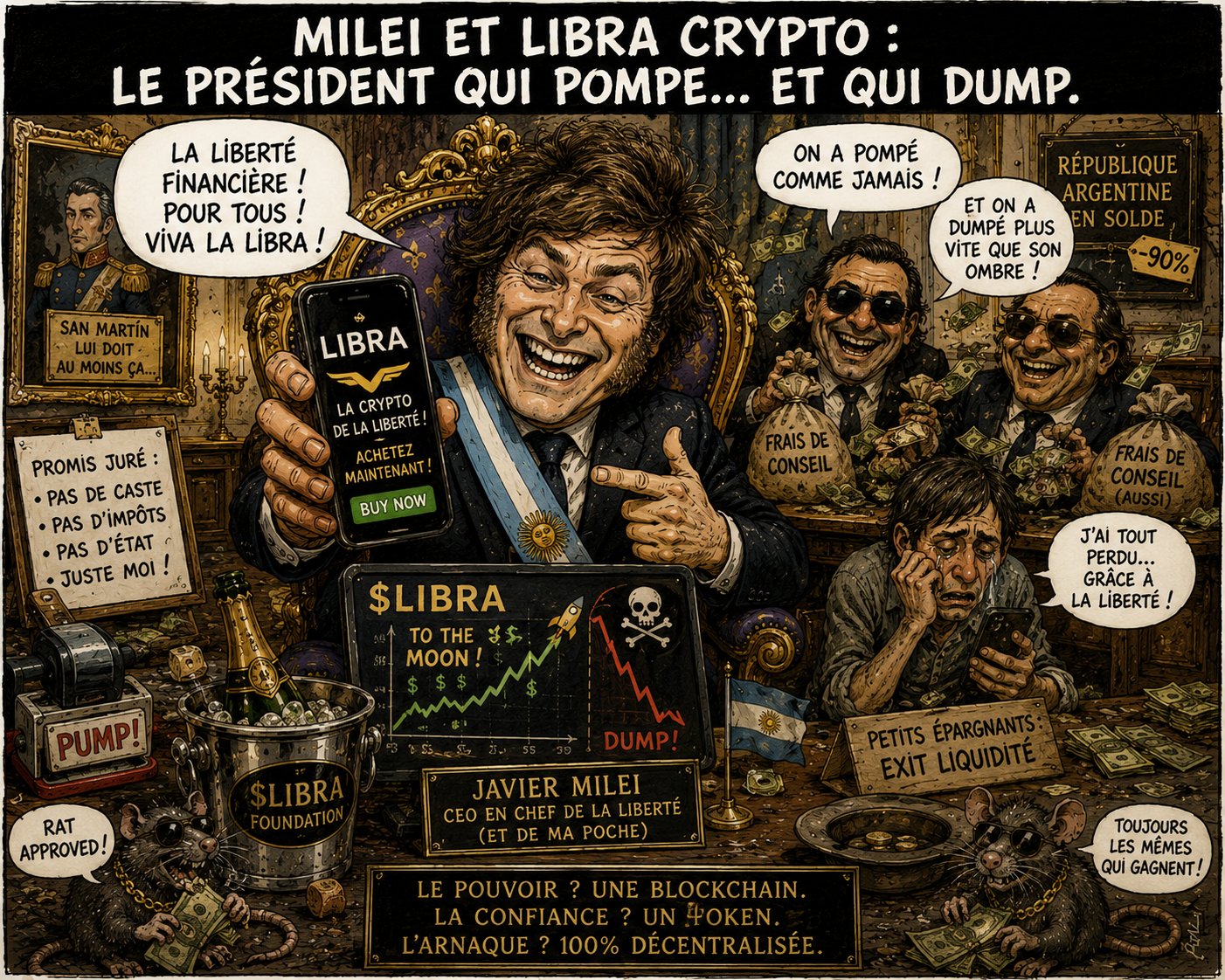 Caricature Magouilles & Compagnie : Milei & $LIBRA